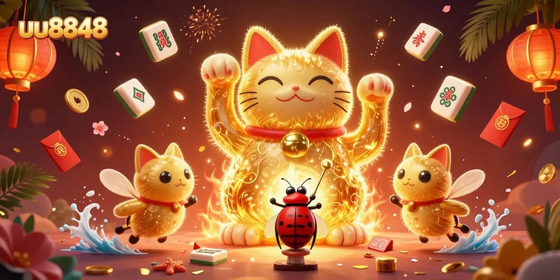 Experience the thrill of uu8848 with a dynamic scene featuring a lucky cat and casino symbols.