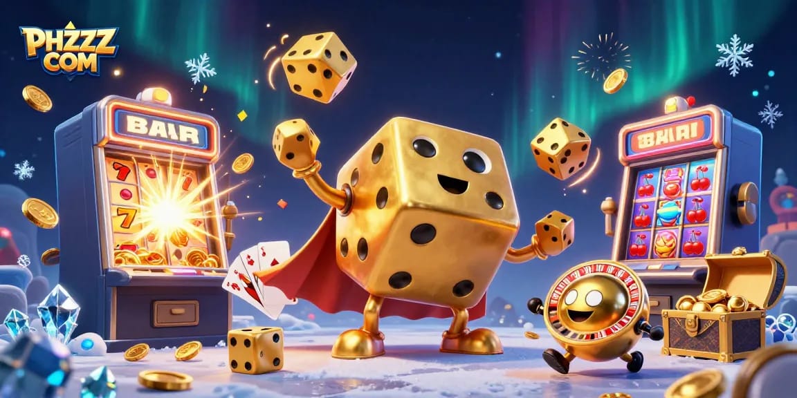 Engage with the vibrant PHZZZ COM gaming scene featuring golden dice and explosive jackpots.