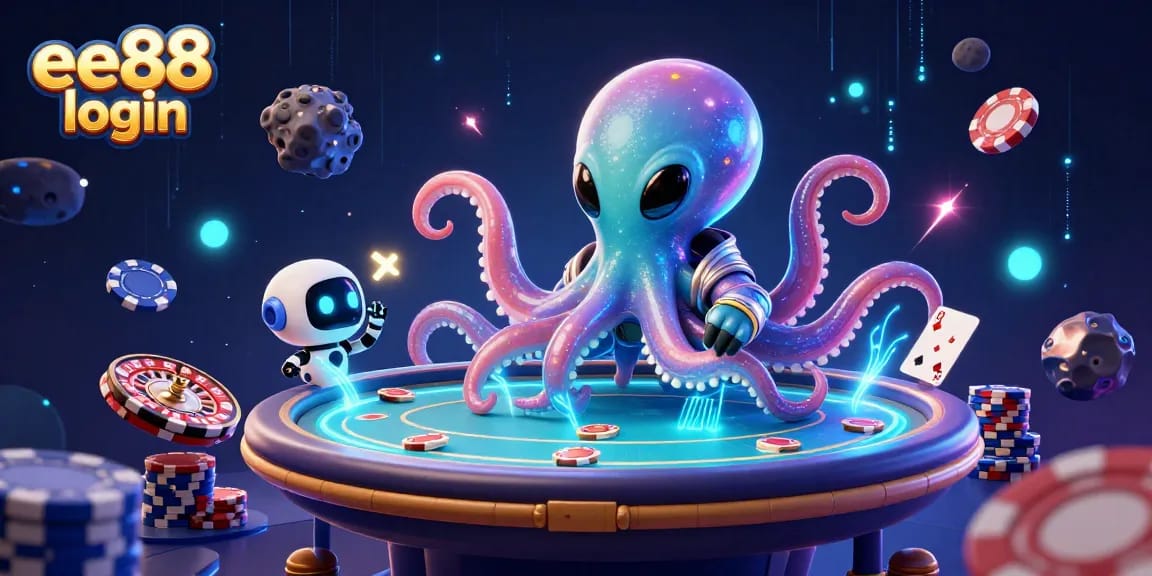 Engage in vibrant gameplay with ee88 login, featuring a cartoon octopus managing a poker table.