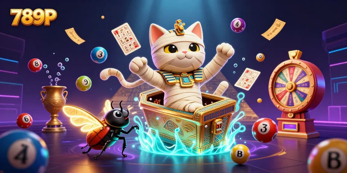 Join the 789P adventure with a 3D cartoon mummy cat in a vibrant pyramid casino scene.
