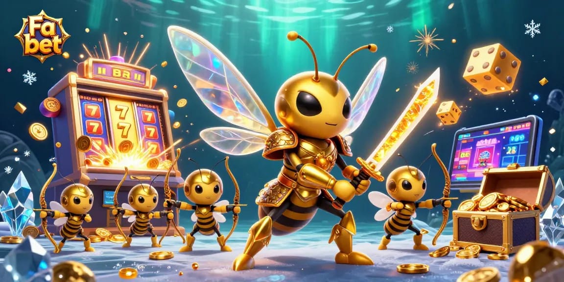 Engage with Fa bet through a vibrant 3D illustration featuring a golden samurai hornet and slot machine excitement.