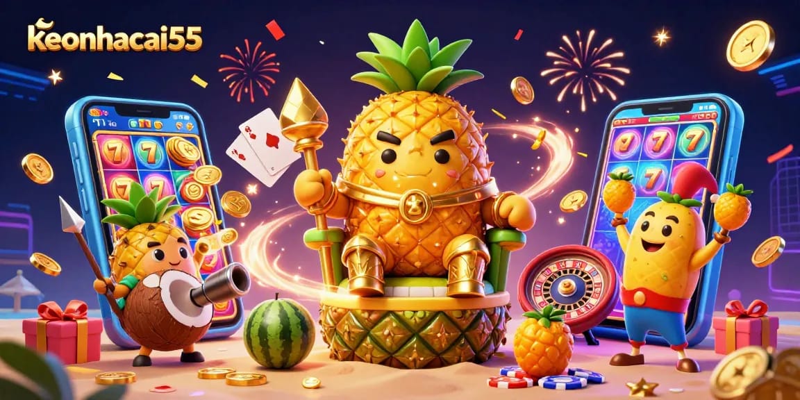 Engage with keonhacai55 in a vibrant casino scene with a golden pineapple king and festive decorations.