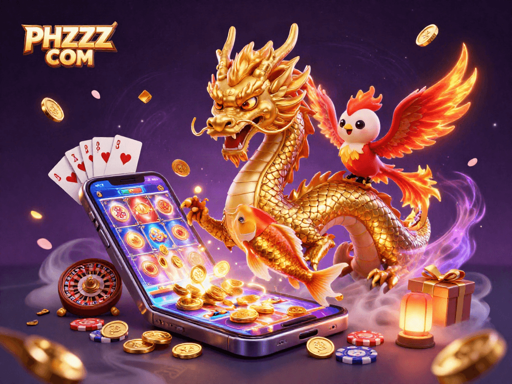 Spin the reels with PHZZZ COM in this vibrant 3D illustration of dynamic casino action.