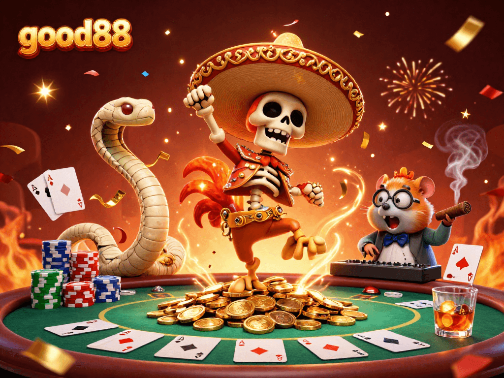 Experience thrilling wins with good88 at vibrant casino tables and colorful game elements in this 3D scene.