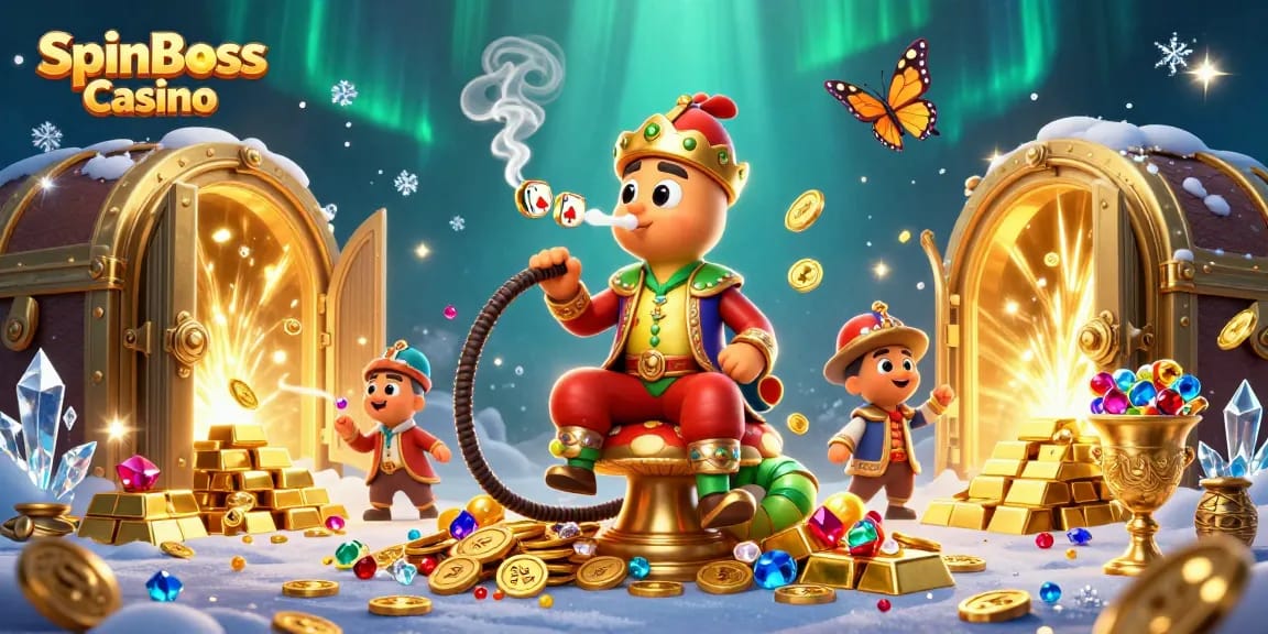 SpinBoss Casino showcases a vibrant undersea 3D scene filled with treasures and a caterpillar master.