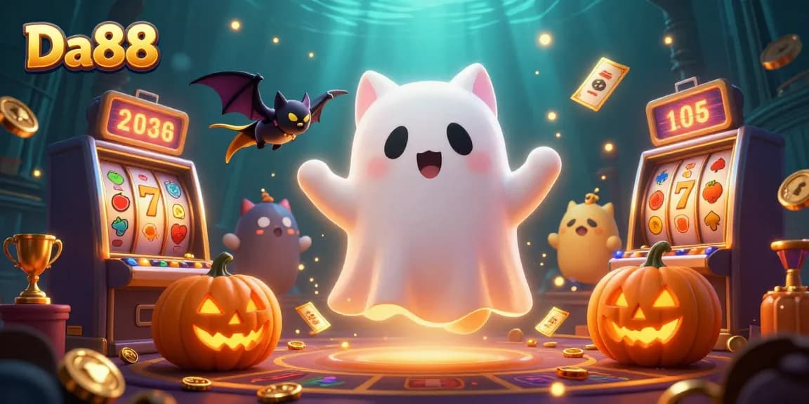 Experience thrilling gameplay at Da88 with festive ghost cat and vampire bat in a vibrant casino