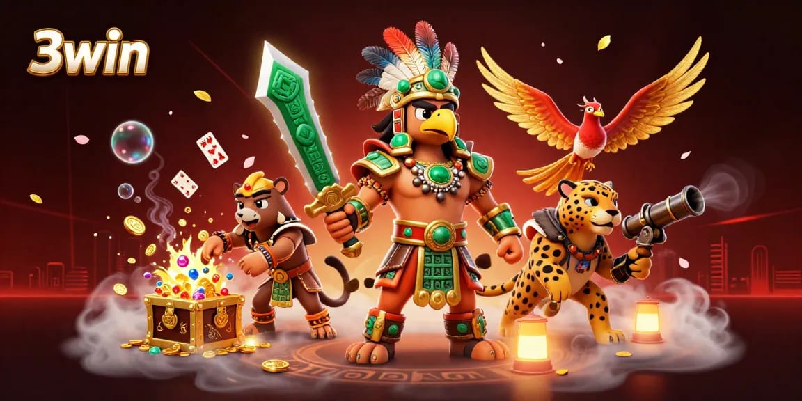 Join the excitement of 3win with an epic 3D scene featuring vibrant gaming elements.