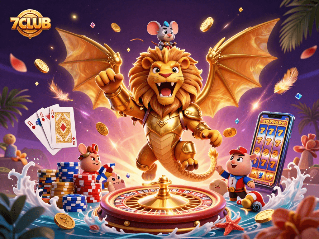 Engage with exhilarating gameplay at 7CLUB featuring a vibrant casino scene full of animated excitement.