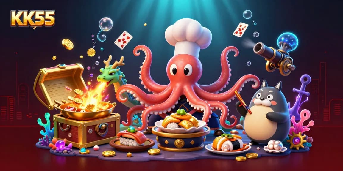 KK55 delights players with an underwater casino scene featuring an octopus chef and dragon.