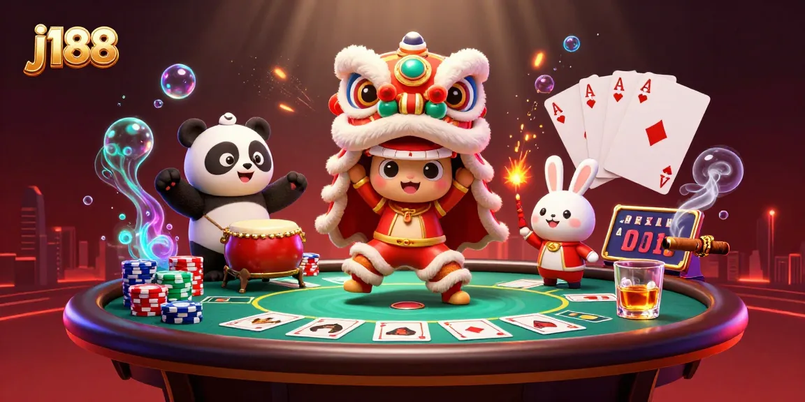 Experience j188's exciting gameplay with a vibrant poker scene featuring lion dance characters.