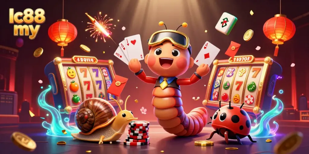 Experience excitement at lc88 my with a cartoon millipede dealer and high-roller snail in a vibrant casino scene.