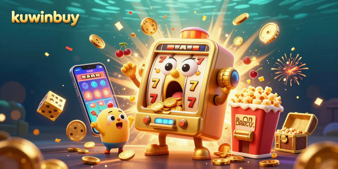 kuwinbuy’s exciting slot machine scene with golden coins raining down and cheering baby slots.