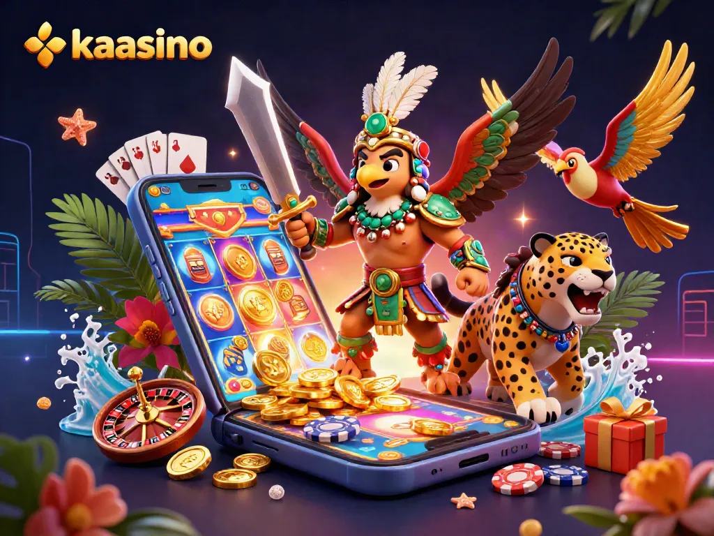 Spin and win at kaasino with 3D gaming warriors, slots, and colorful casino elements!