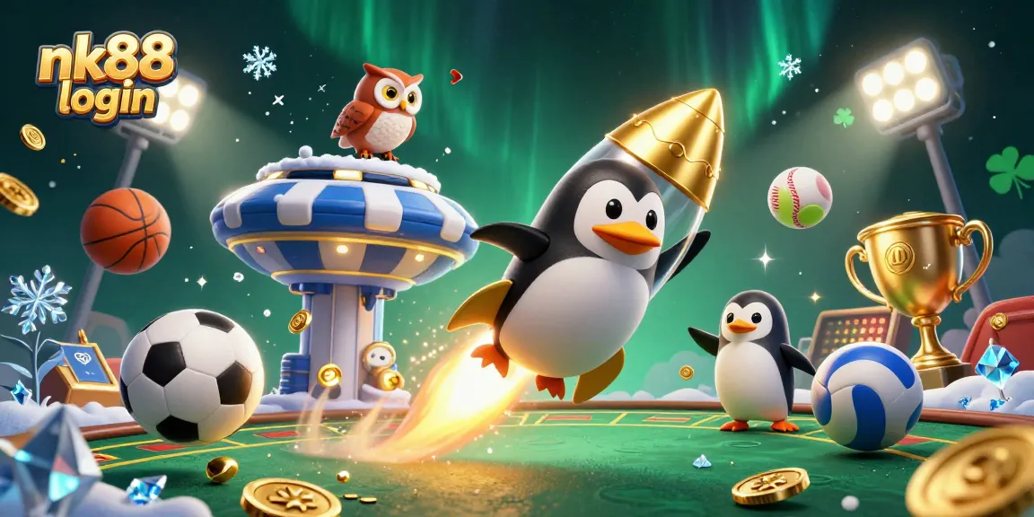 Experience nk88 login excitement with a golden penguin racing toward a dynamic casino space station.