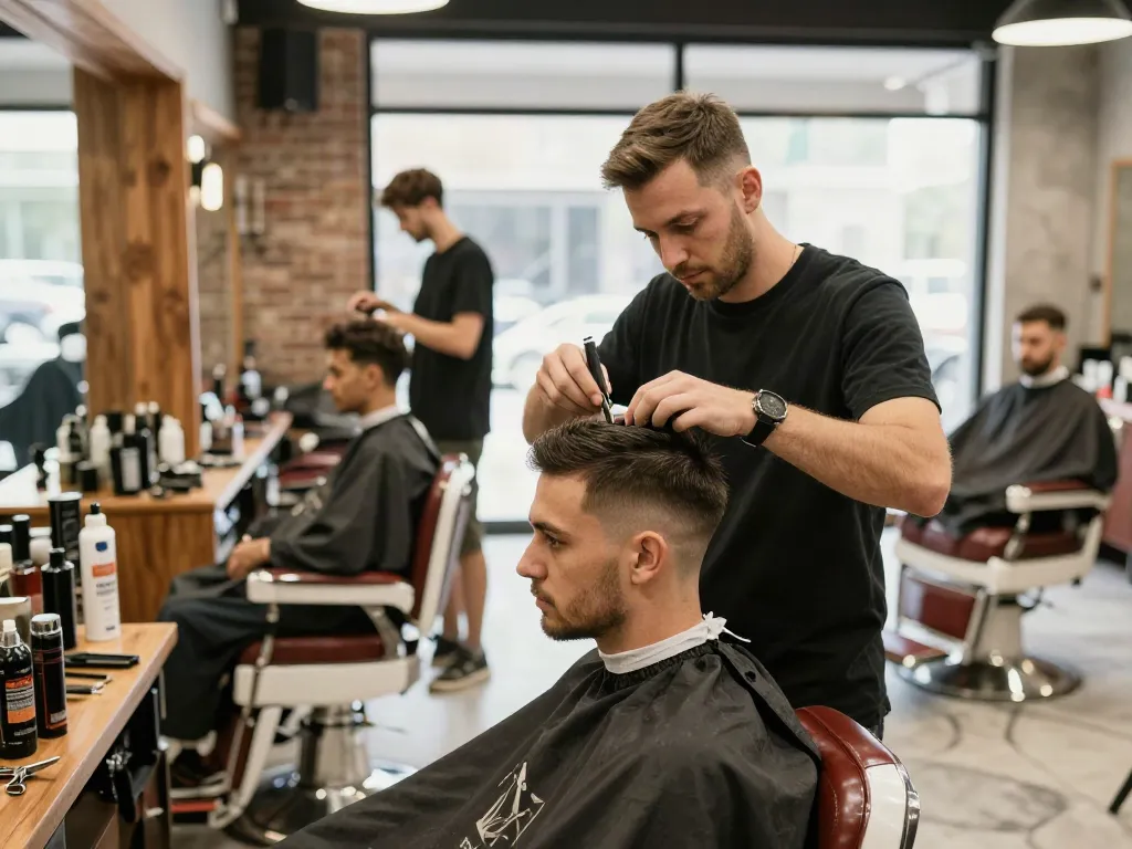rokok88 barbershop scene with skilled barber cutting hair, stylish decor, warm atmosphere
