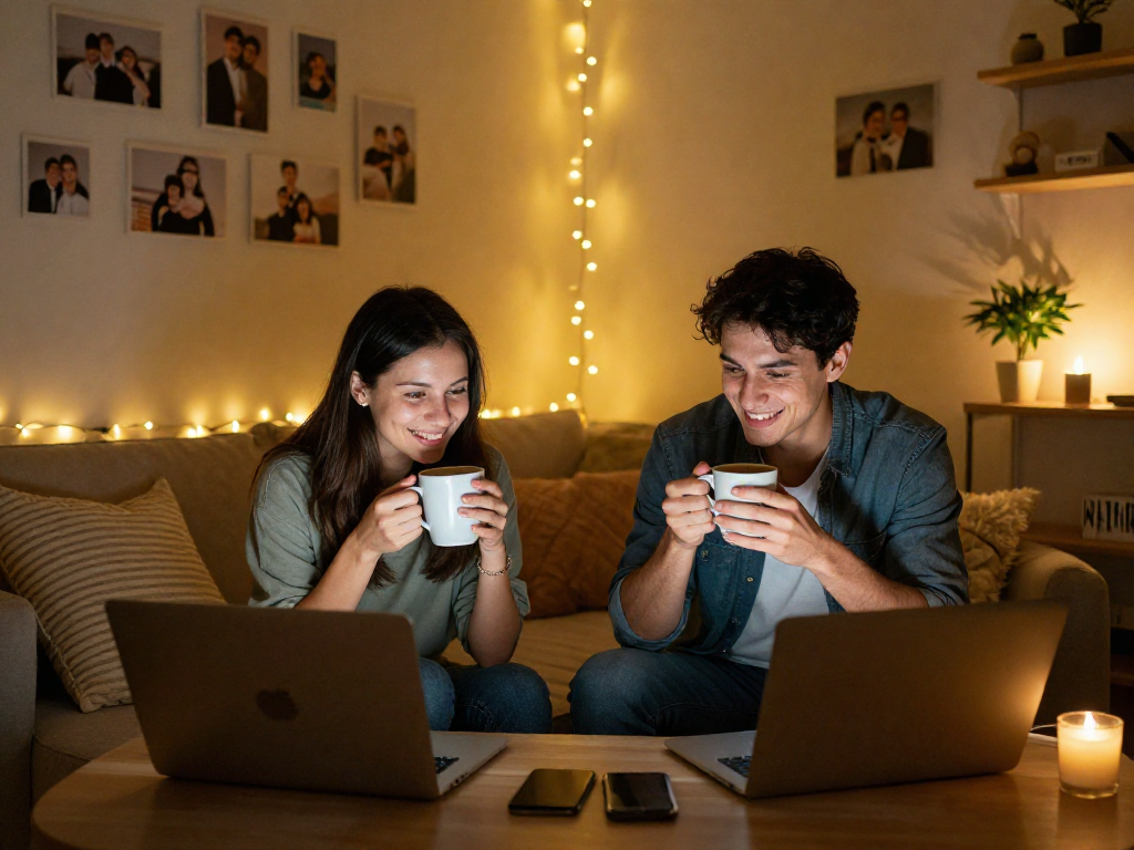 Couple enjoying f168 dating on a virtual date, cozy living room with fairy lights.