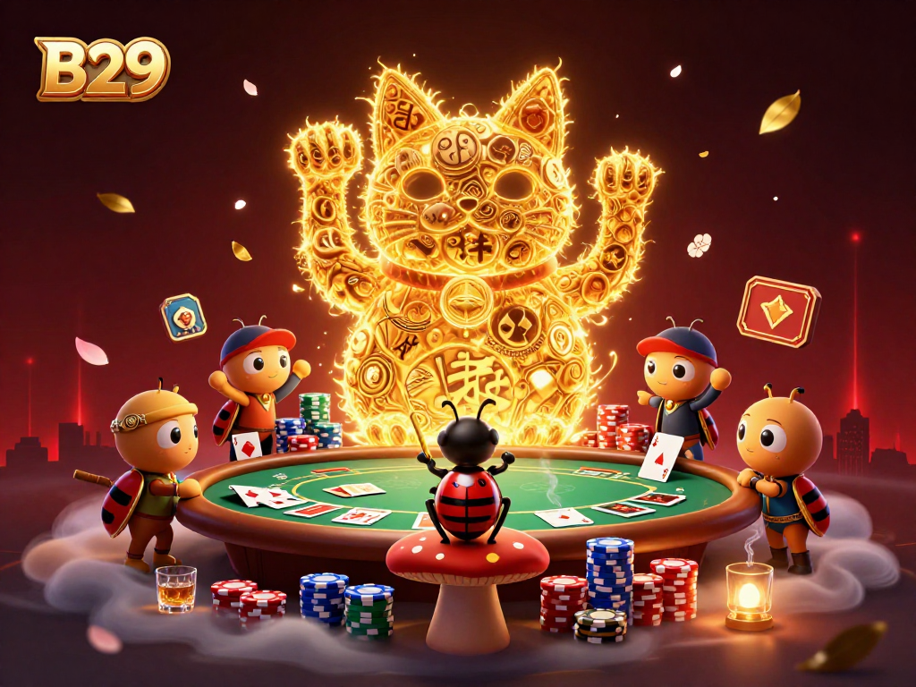 B29 players engage with a vibrant casino scene featuring a lucky cat and golden fireflies amidst poker elements.