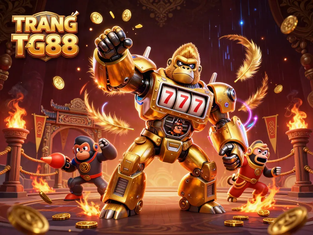Engage in exciting gaming with TRANG CHỦ TG88, featuring a golden gorilla mech and casino elements.