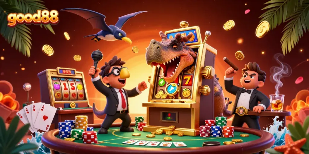 View the exciting action of good88, where a pachycephalosaurus celebrates jackpot wins at the casino!