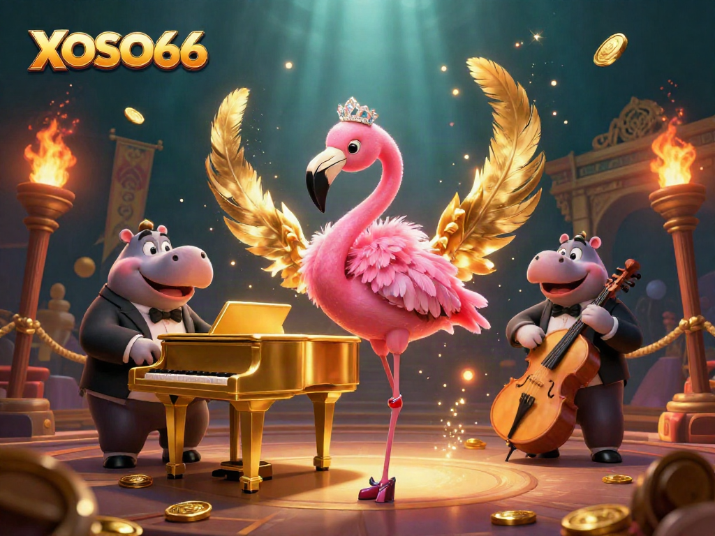 Experience the excitement of XOSO66 with a vibrant casino scene featuring a lounge singer flamingo and hippo bassist.