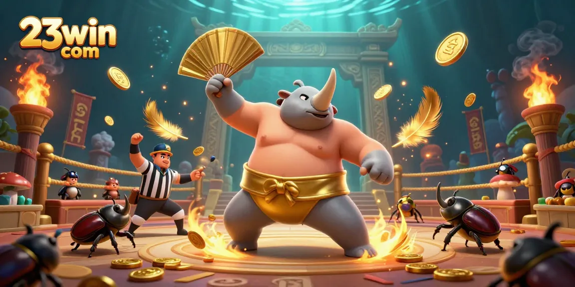 Experience thrilling action at 23win com with a vibrant scene featuring a rhinoceros beetle sumo champion