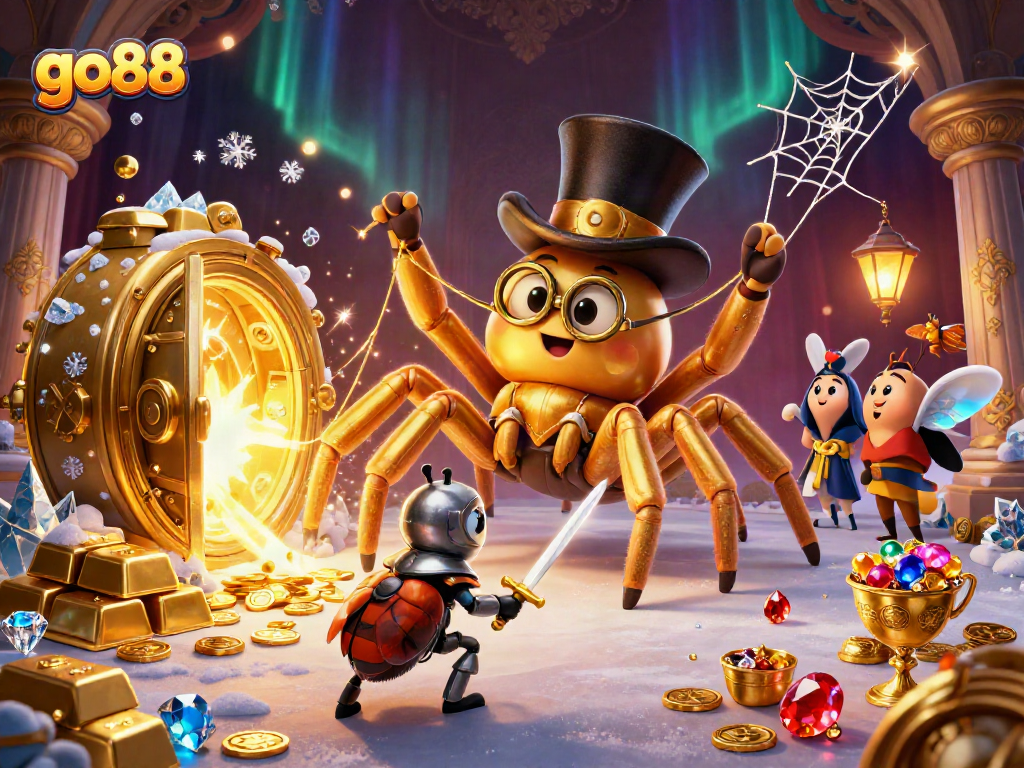 Experience go88's thrilling atmosphere with characters surrounded by golden treasures and casino excitement.