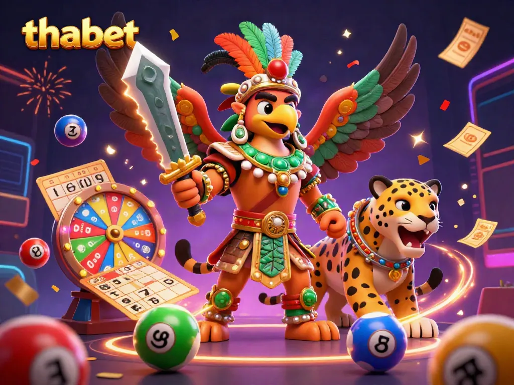 Experience thrilling gaming with thabet as Aztec warriors celebrate amidst lottery balls and golden prizes.