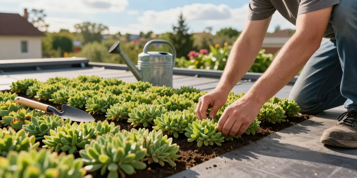 Stap-voor-stap sedumdak aanleggen op een zonnig dak met weelderige sedumplanten, die ecologisch tuinieren tonen.