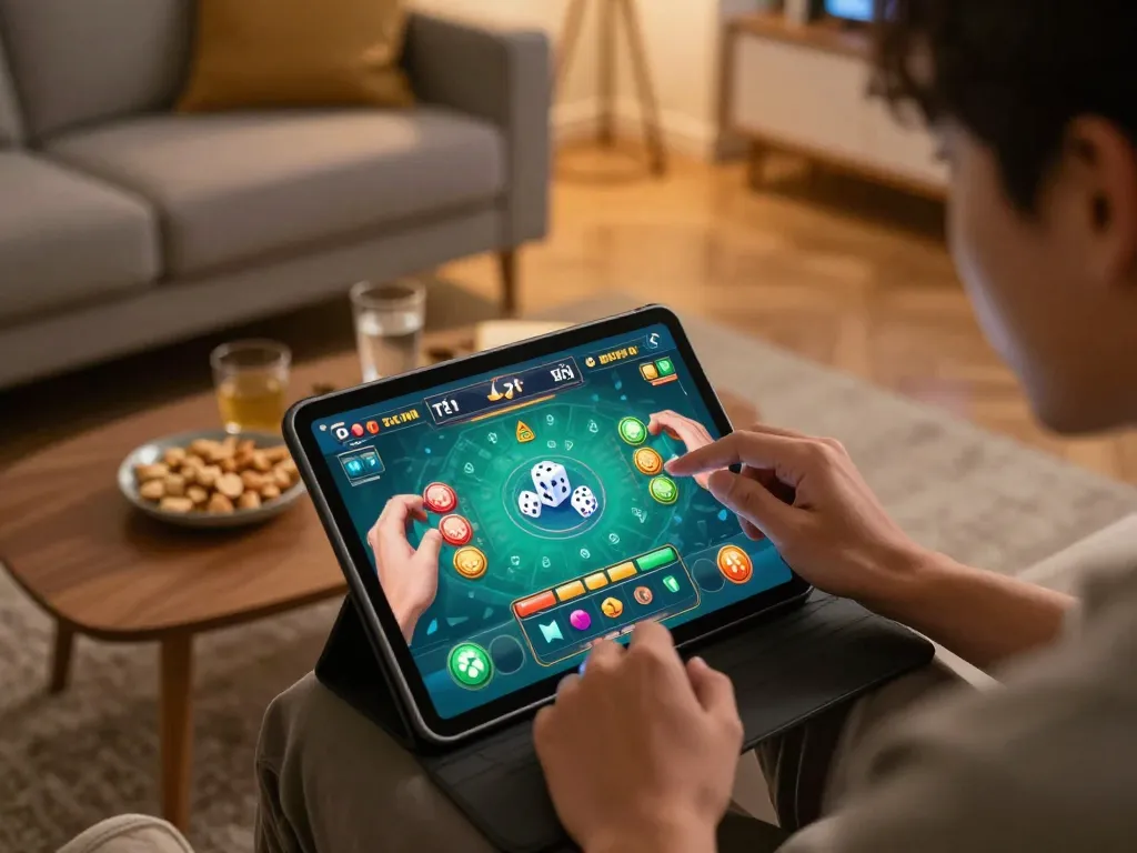 Player enjoying game tài xỉu online on tablet at home, with vibrant gaming interface and cozy atmosphere.