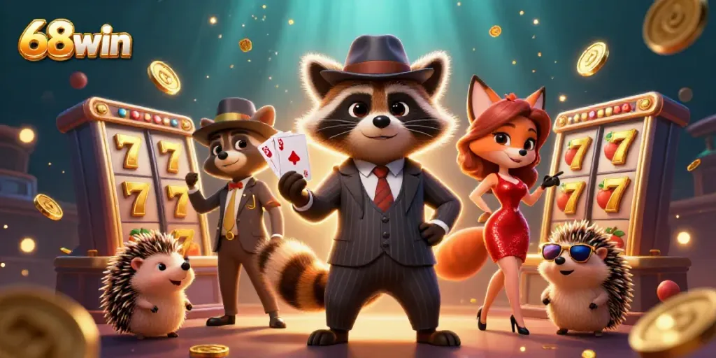 Engage with thrilling 68win slots action featuring a suave raccoon and stylish companions in a vibrant casino scene.
