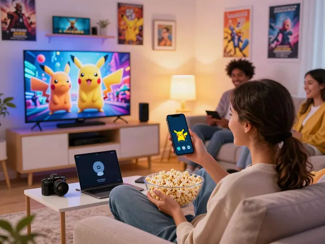 Enjoying the Pikachu app update on a smartphone in a vibrant living room.