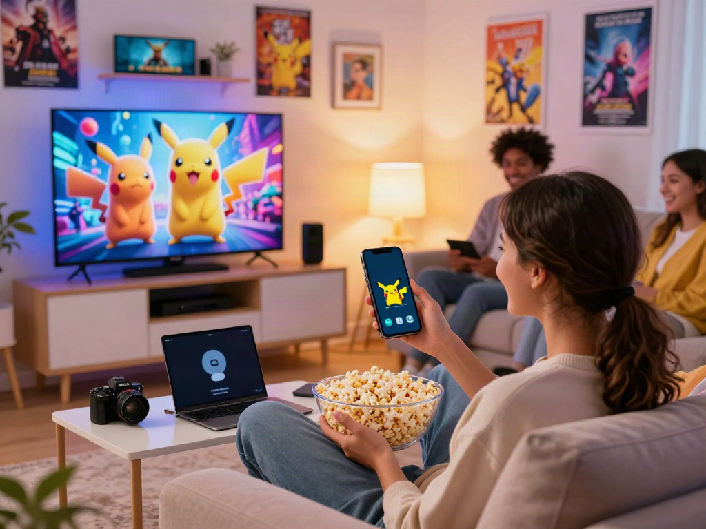 Enjoying the Pikachu app update on a smartphone in a vibrant living room.