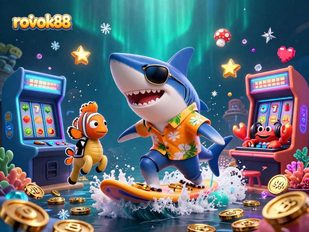 Experience the thrill of rokok88 casino with unique characters riding gold coins in an exciting arcade scene.