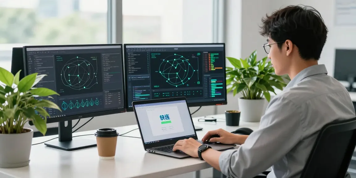 快连 application displayed on a laptop in a modern tech workspace with vibrant greenery and coffee, emphasizing productivity.