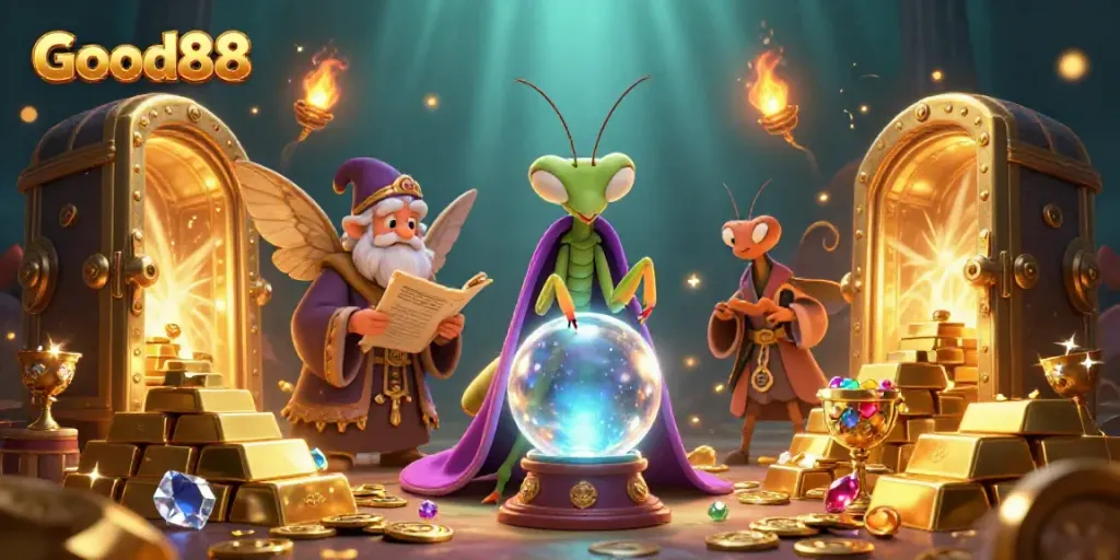 Engage with Good88's mystical appeal through vibrant 3D visuals of fortune tellers and treasures.