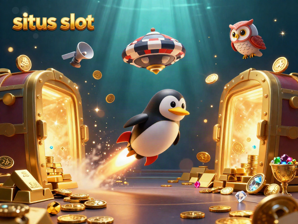 Experience excitement with situs slot through a golden penguin and casino space station illustration.