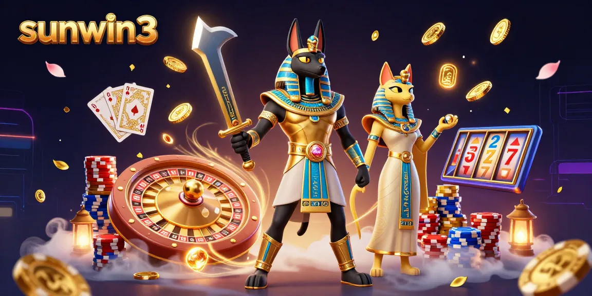 Experience thrilling gameplay with sunwin3, featuring Anubis and Bastet amid cascading coins and vibrant casino elements.