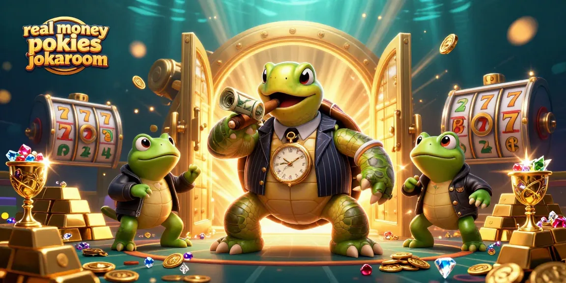 Experience real money pokies jokaroom with vibrant characters, slot reels, and treasures in a dynamic scene