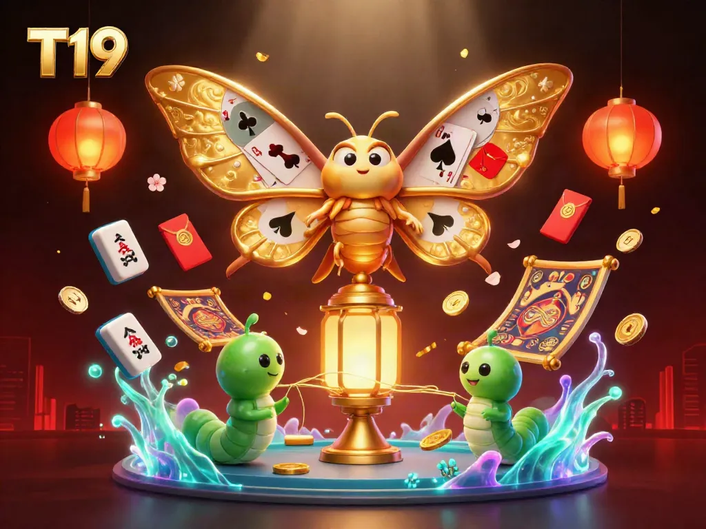 Experience T19 through a captivating 3D illustration showcasing golden casino enchantment and vibrant gaming elements.