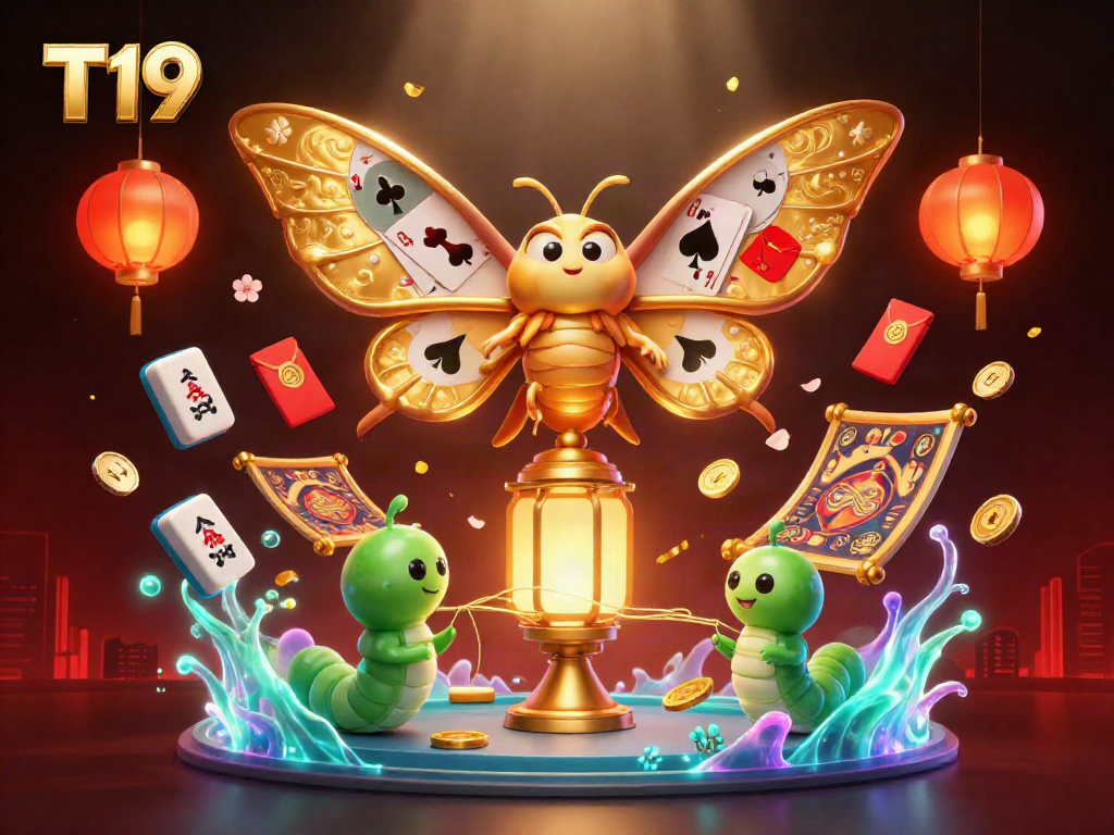 Experience T19 through a captivating 3D illustration showcasing golden casino enchantment and vibrant gaming elements.