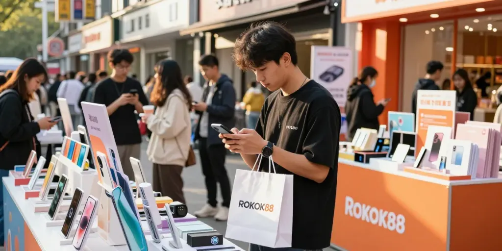 Exciting ROKOK88 daftar shopping experience with vibrant products and engaged customer.