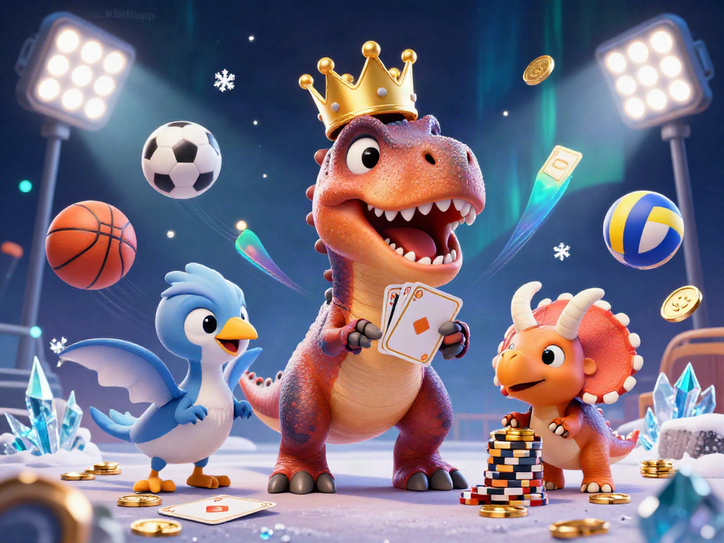 Bet on your favorite games with da88app featuring a T-Rex croupier, sports balls, and chips stacked high.