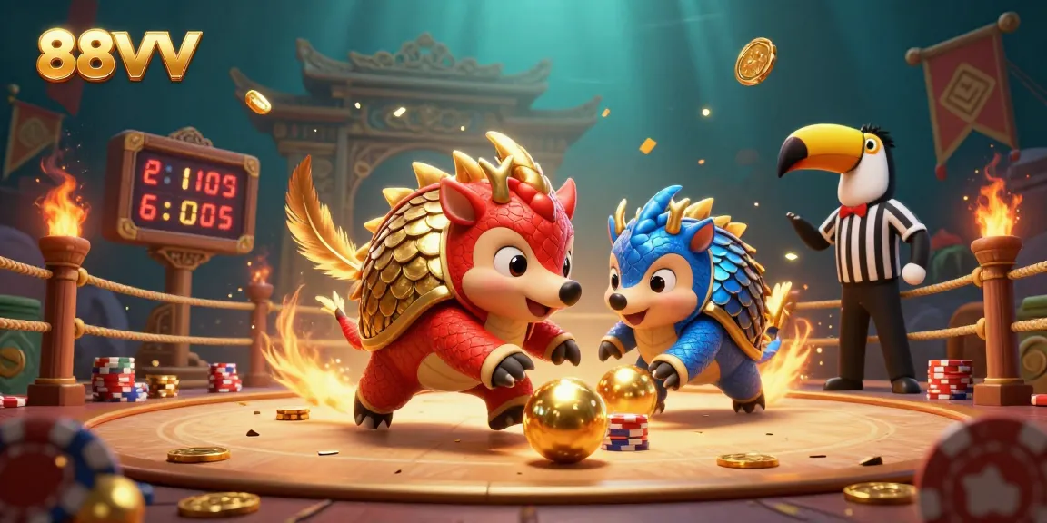 88VV features playful pangolins competing in a vibrant casino-themed scene filled with poker chips and golden elements.