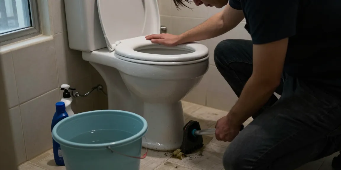 Urgente hulp bij verstopte wc met persoon die worstelt om probleem op te lossen.