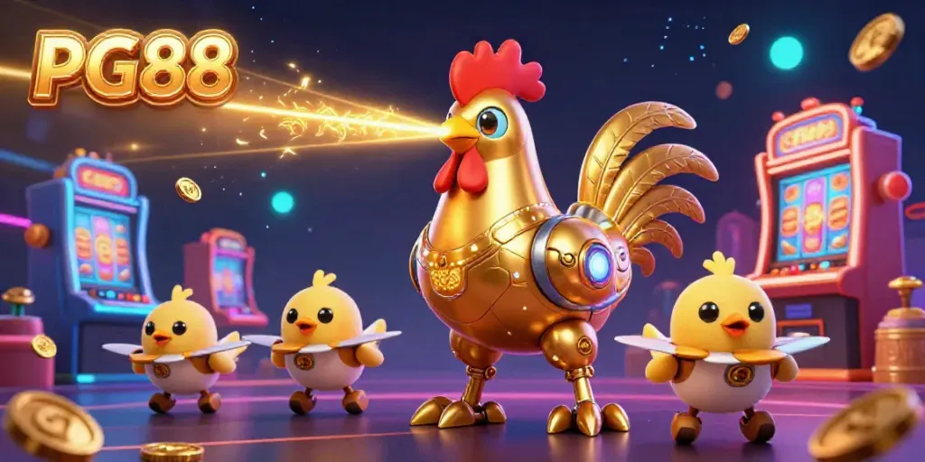 Engage in the PG88 casino experience with a golden rooster robot and baby chick drones amidst colorful slot machines.