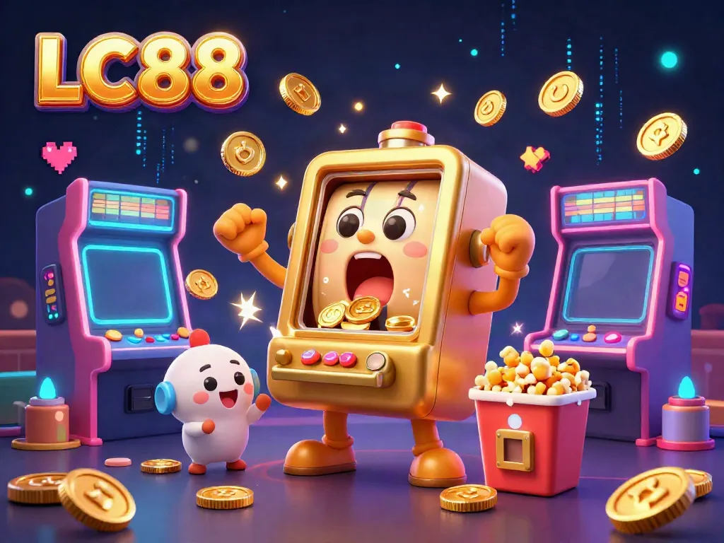 Experience the thrill of LC88 with a jubilant golden slot machine hitting the jackpot amidst vibrant gaming chaos.