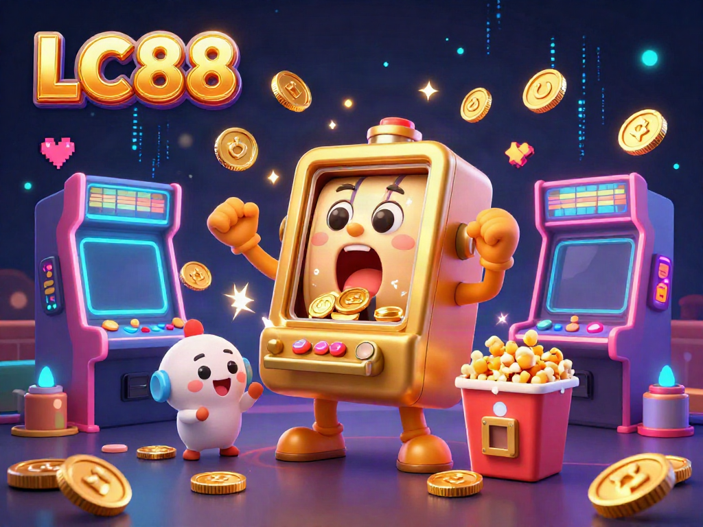 Experience the thrill of LC88 with a jubilant golden slot machine hitting the jackpot amidst vibrant gaming chaos.
