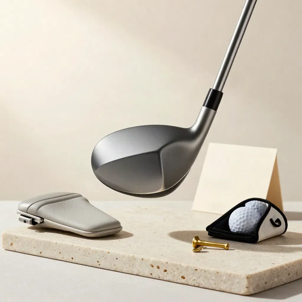 Golfequipment: zwevende driver met headcover, ballensleeve en messing tee op lichte steen.