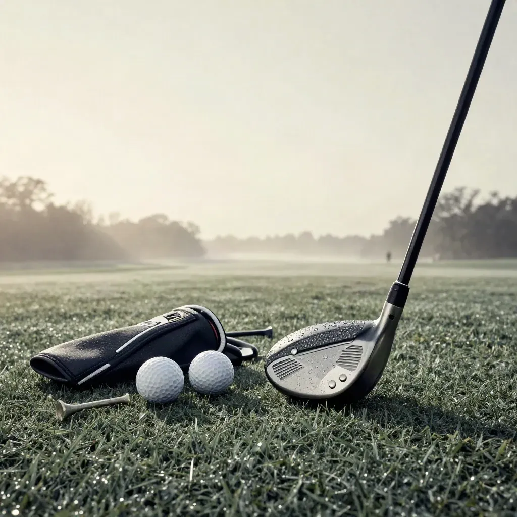 Golfdriver met headcover, ballen en tee in dauw op de baan bij zonsopkomst.