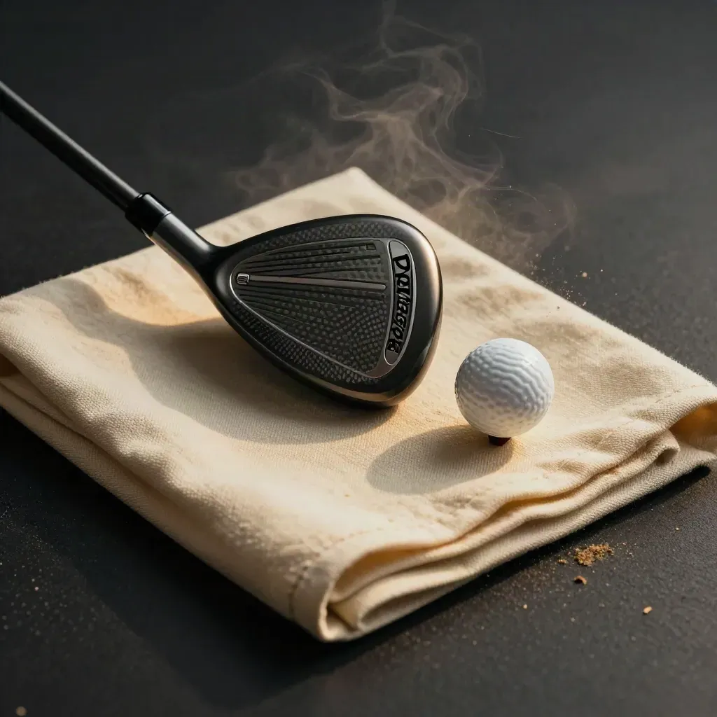 Fairway wood in crèmekleurige stof met bal op tee en headcover op donkere studioachtergrond.